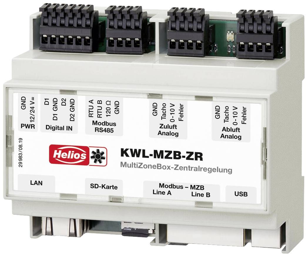 'Helios KWL-MZB-ZR MultiZoneBox-centrálna regulácia' s rôznymi možnosťami pripojenia a portmi pre LAN, SD kartu, Modbus a USB.