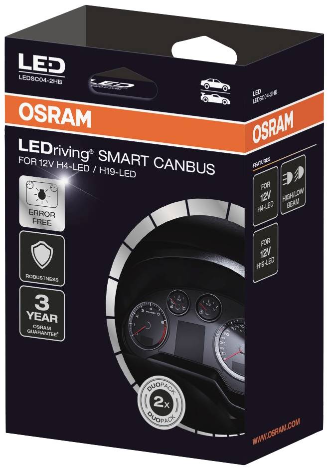 'OSRAM LEDriving SMART CANBUS' balenie. Obsahuje LED žiarovky pre 12V H4-LED/H19-LED. Vlastnosti: Bez chýb, robustné, 3-ročná záruka.