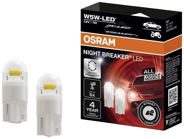 Dve LED lampy vedľa obalu Osram s nápisom 'Night Breaker'. Vhodné pre všetky modely vozidiel, 12V/1W.