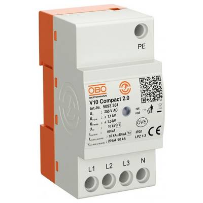 Zariadenie na ochranu pred prepätím označené ako 'OBO Bettermann V10 Compact 2.0' s vstupnými parametrami a QR kódom, s červeným a bielym obalom.