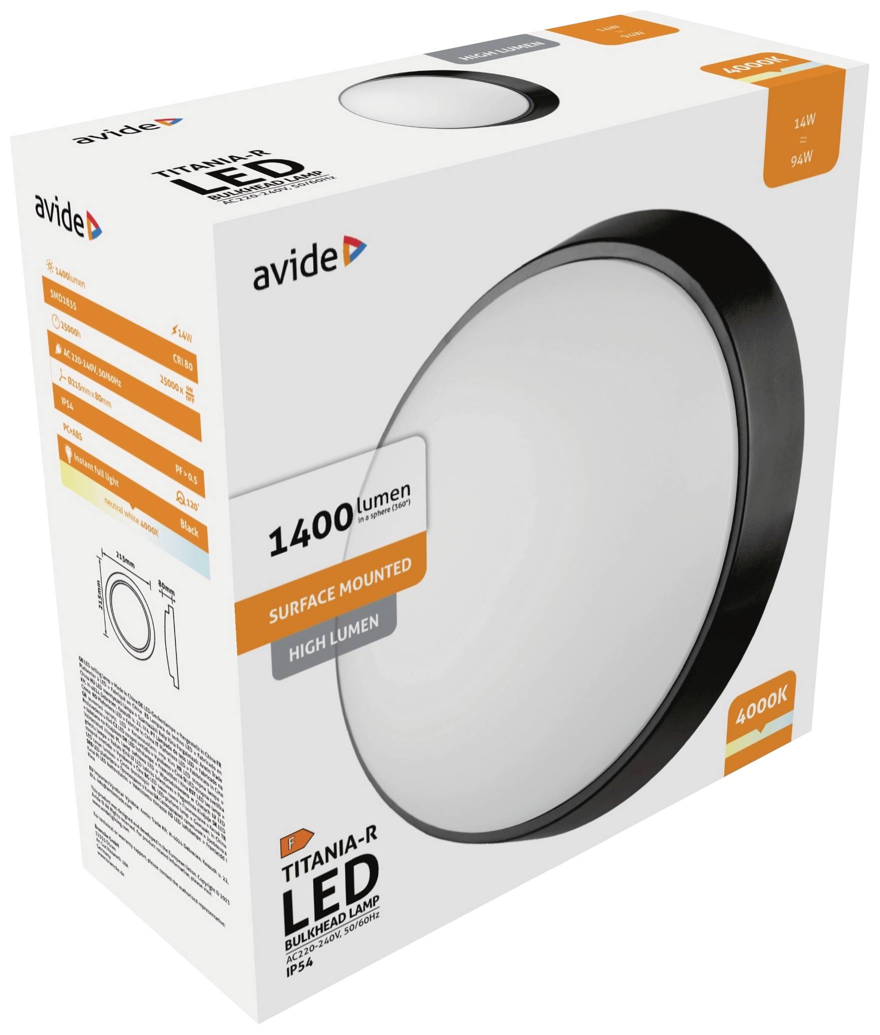 Obal lampy 'Avide TITANIA-R LED'; zobrazuje 1400 lumenov, 4000K, 12W. Na prednej strane je obrázok okrúhleho svietidla určeného na montáž na stenu.