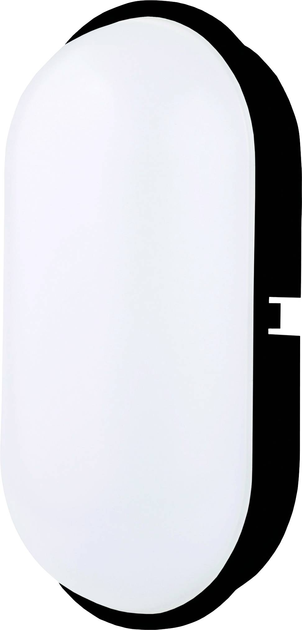 Biela, oválna nástenná lampa s čiernym lemom, ktorá pôsobí moderne a je vhodná pre interiérové osvetlenie.