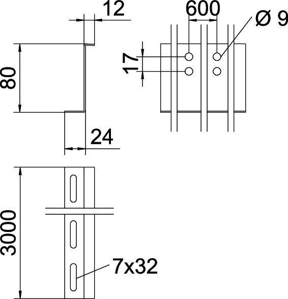 Technický výkres kovového profilu s rozmermi: 80x24 mm a dĺžkou 3000 mm. Otvory: 7x32 mm a Ø 9 mm.