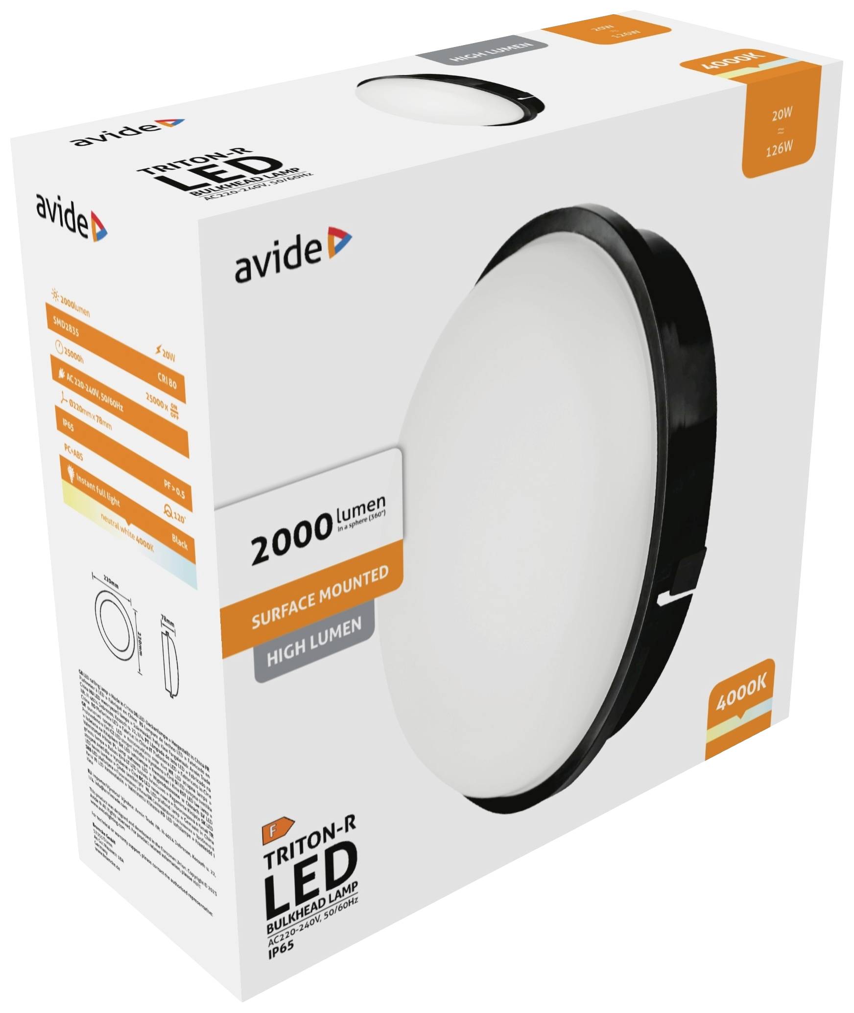 Obal LED nástennej lampy. Nápis: '2000 lúmenov', 'Povrchová montáž', '4000K', 'Triton-R LED'. Na obale vyobrazená biela, okrúhla lampa.