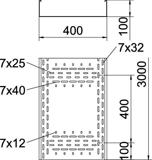 Technický výkres police s rozmermi: šírka 400 mm, výška 3000 mm. Veľkosti otvorov: 7x25, 7x40, 7x12, 7x32 mm. Vzdialenosti sú vyznačené.