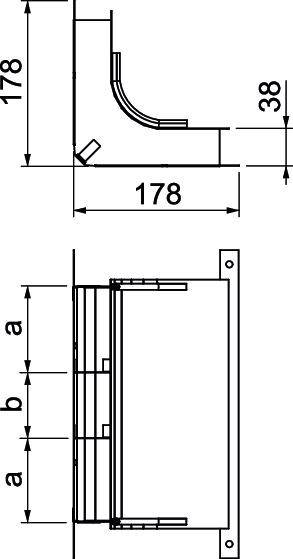 Pohľad z boku a zhora technického výkresu obdĺžnikového komponentu s rozmermi: výška 178 mm, hĺbka 38 mm.