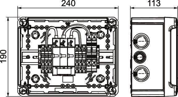 Technický výkres elektrickej zásuvky s rozmermi: 240 mm šírka, 190 mm výška, 113 mm hĺbka. Zobrazuje internú kabeláž a pripojenia.