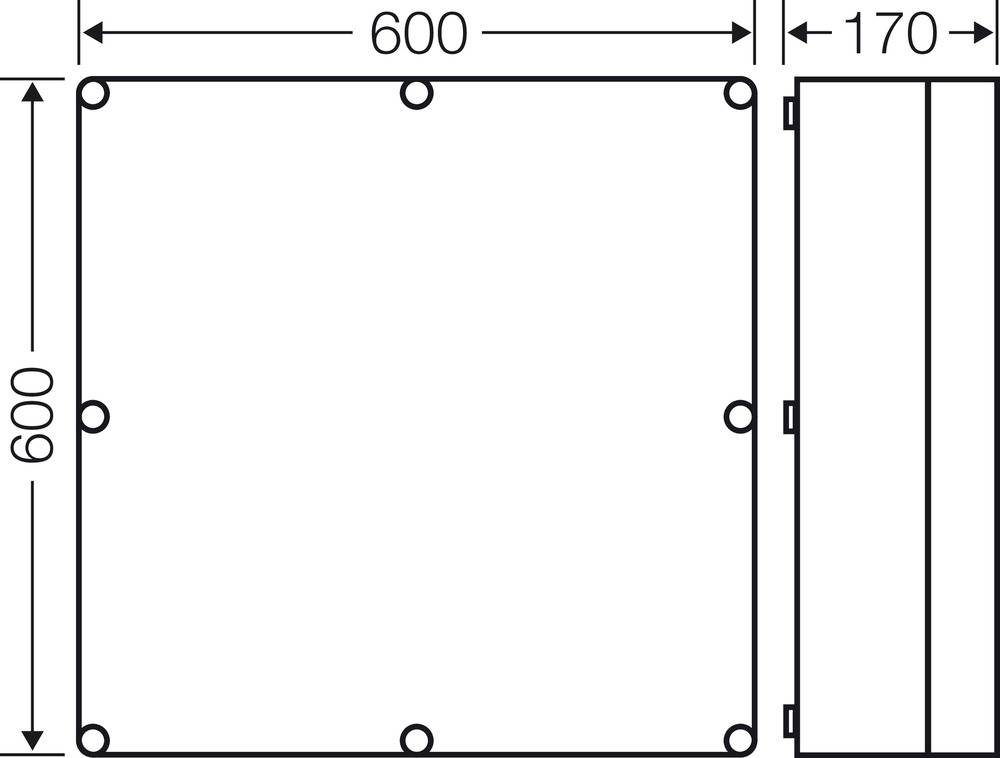 Technický výkres štvorcového boxu s rozmermi 600x600 mm a hĺbkou 170 mm, zobrazený v dvoch pohľadoch.
