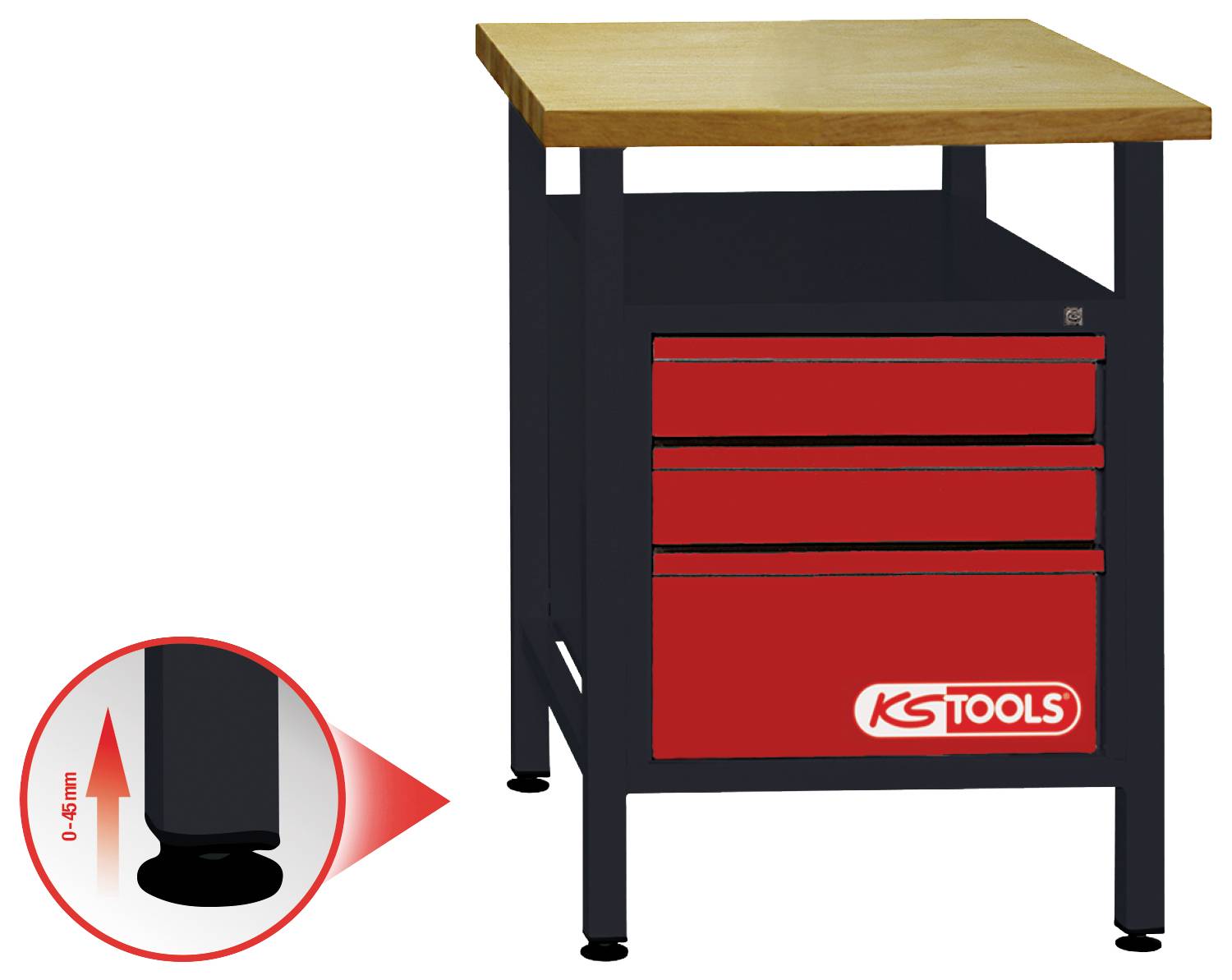 Pracovný stôl s drevenou doskou, stabilnými kovovými nohami a tromi červenými zásuvkami s logom 'KS Tools'. Nastaviteľné nohy so zdvíhacím rozsahom 0-45 mm.