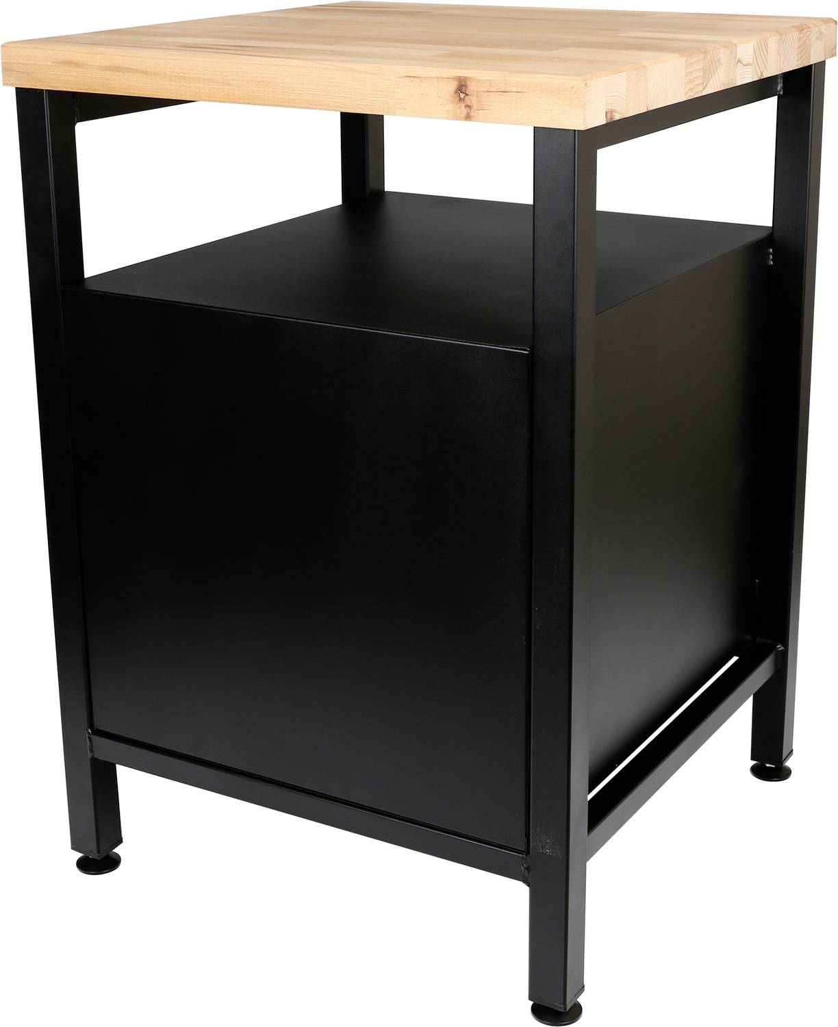 Kuchynský ostrov s drevenou stolovou doskou a čiernym kovovým rámom. Pod ním otvorený úložný priestor. Jednoduché, moderné dizajnové riešenie.