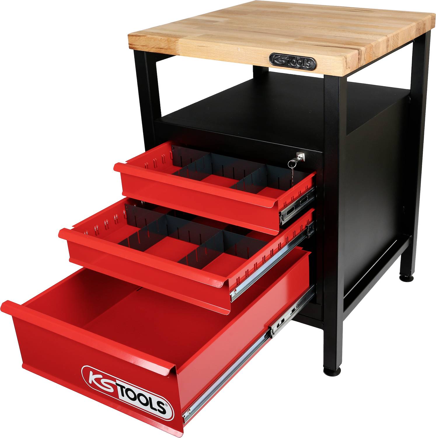 Kovová nástrenkárska skriňa s drevenou doskou, tri otvorené červené zásuvky s logom 'KS Tools'. Vhodná pre organizáciu dielne.