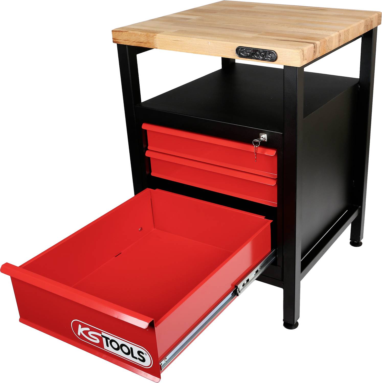 Kovový náraďový kontajner s drevenou doskou, čiernym rámom a dvoma červenými zásuvkami, pričom spodná zásuvka je otvorená, viditeľné firemné logo.