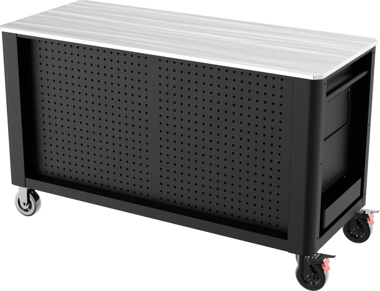 Čierny mobilný vozík na náradie s kovovým povrchom, štyrmi otočnými kolieskami a perforovanými stenami na uloženie náradia.