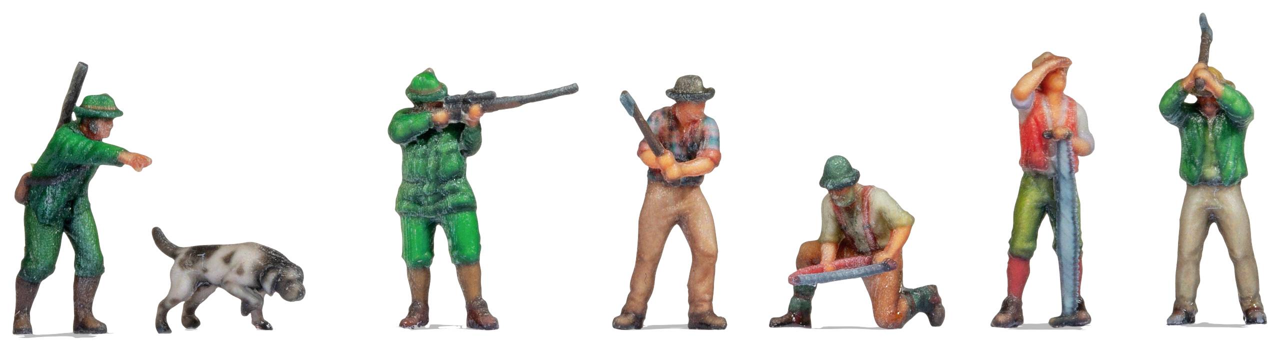 Šesť miniatúrnych figúrok predstavuje poľovníkov; jeden drží pušku, druhý kľačí s mapou, pes beží. Sú oblečení v poľovníckom oblečení.