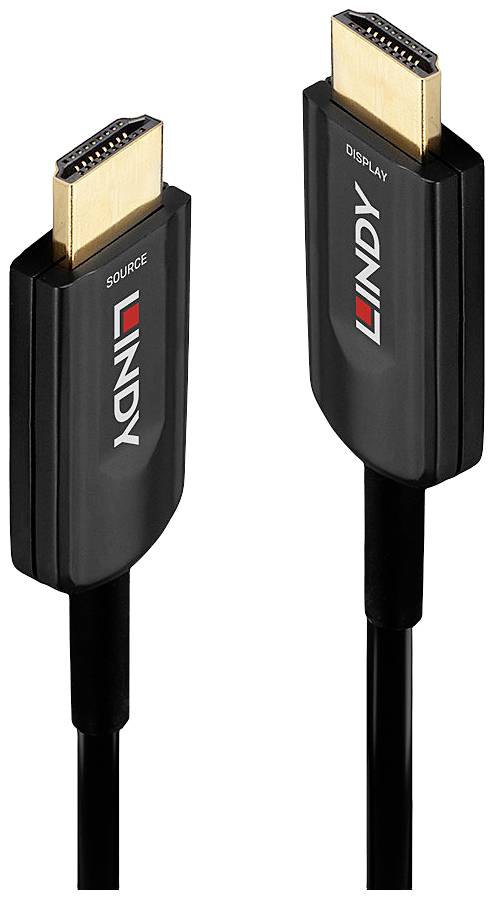 Dva čierne HDMI káble so zlatými konektormi. Firemné logo na každom konektore, jeden s nápisom 'SOURCE', druhý s nápisom 'DISPLAY'.