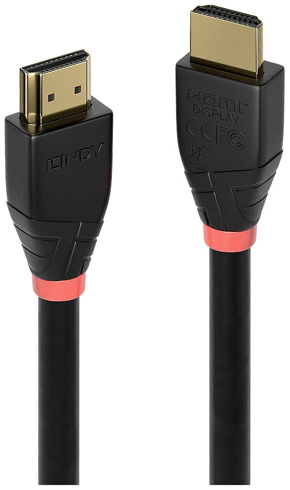 Dva čierne HDMI káble s červenými akcentmi, každý so zástrčkami smerujúcimi nahor. Sú vhodné pre prenos audia a videa.