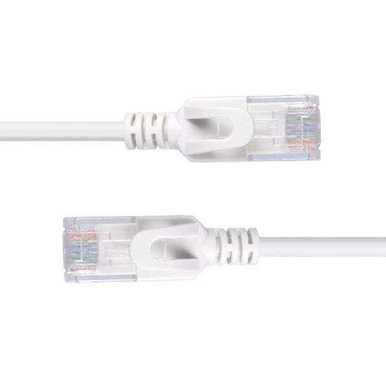 Dva biele ethernetové káble s priehľadnými konektormi ukazujú svoje pripojenia.