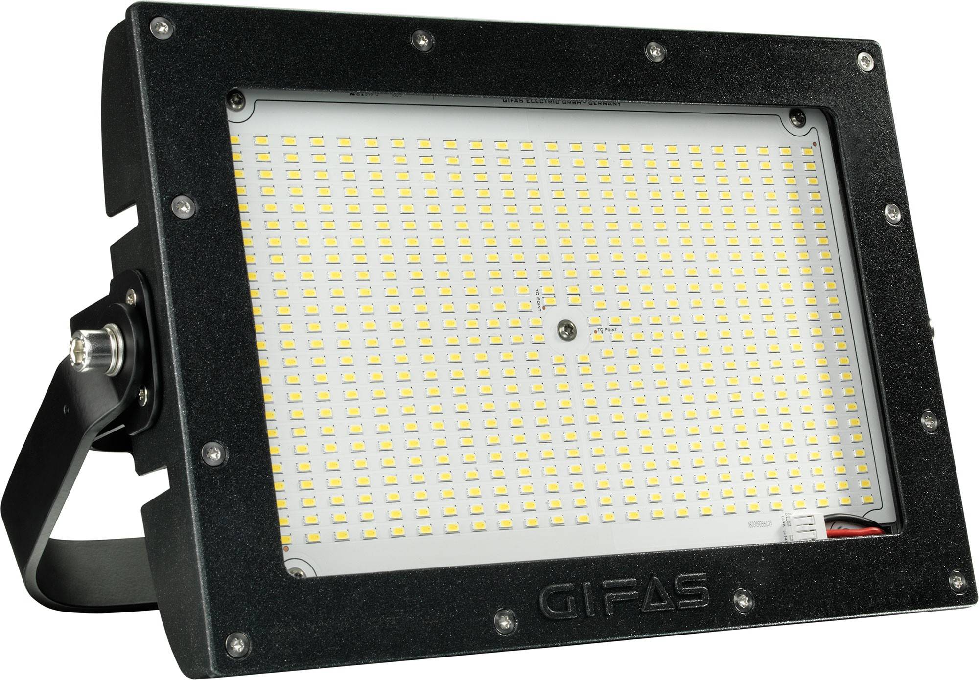 LED-reflektor s čiernym rámom od značky GIFAS, zobrazujúci početné svietiace diódy na sivej ploche, vhodný pre vonkajšie použitie.