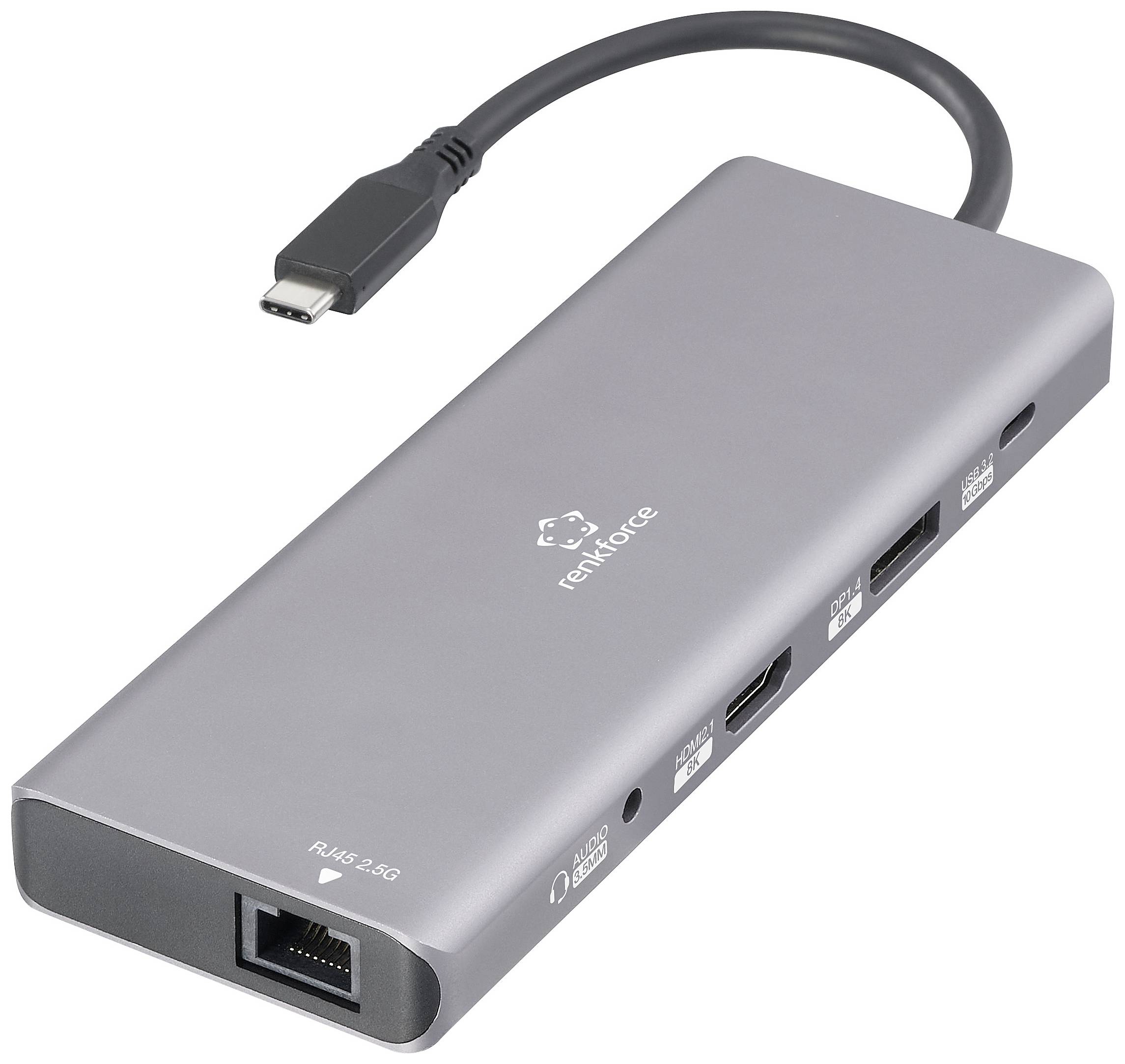 Sivý USB-C hub značky renkforce s viacerými portmi vrátane HDMI, USB-A a ethernetového konektora.