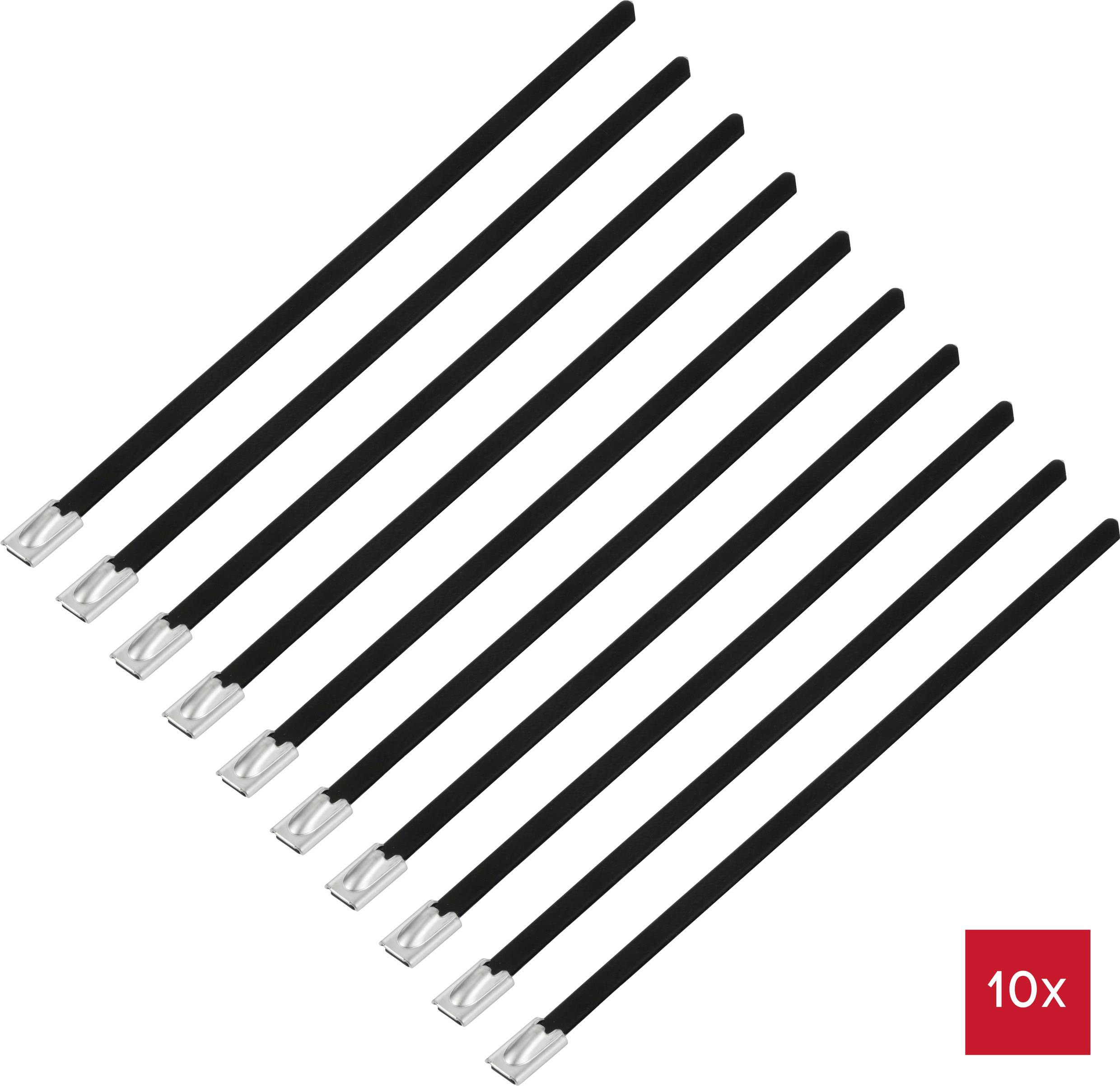 Desať čiernych sťahovacích pások s kovovým uzáverom v diagonálnom usporiadaní; červený box zobrazuje '10x'.