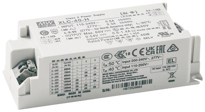 Napájací zdroj XLC-40-H, vstup: 110-240V, 0,9A, 50-60Hz; výstup: 27-40V, 1,05A; IP67, pre LED osvetlenie, od Mean Well.
