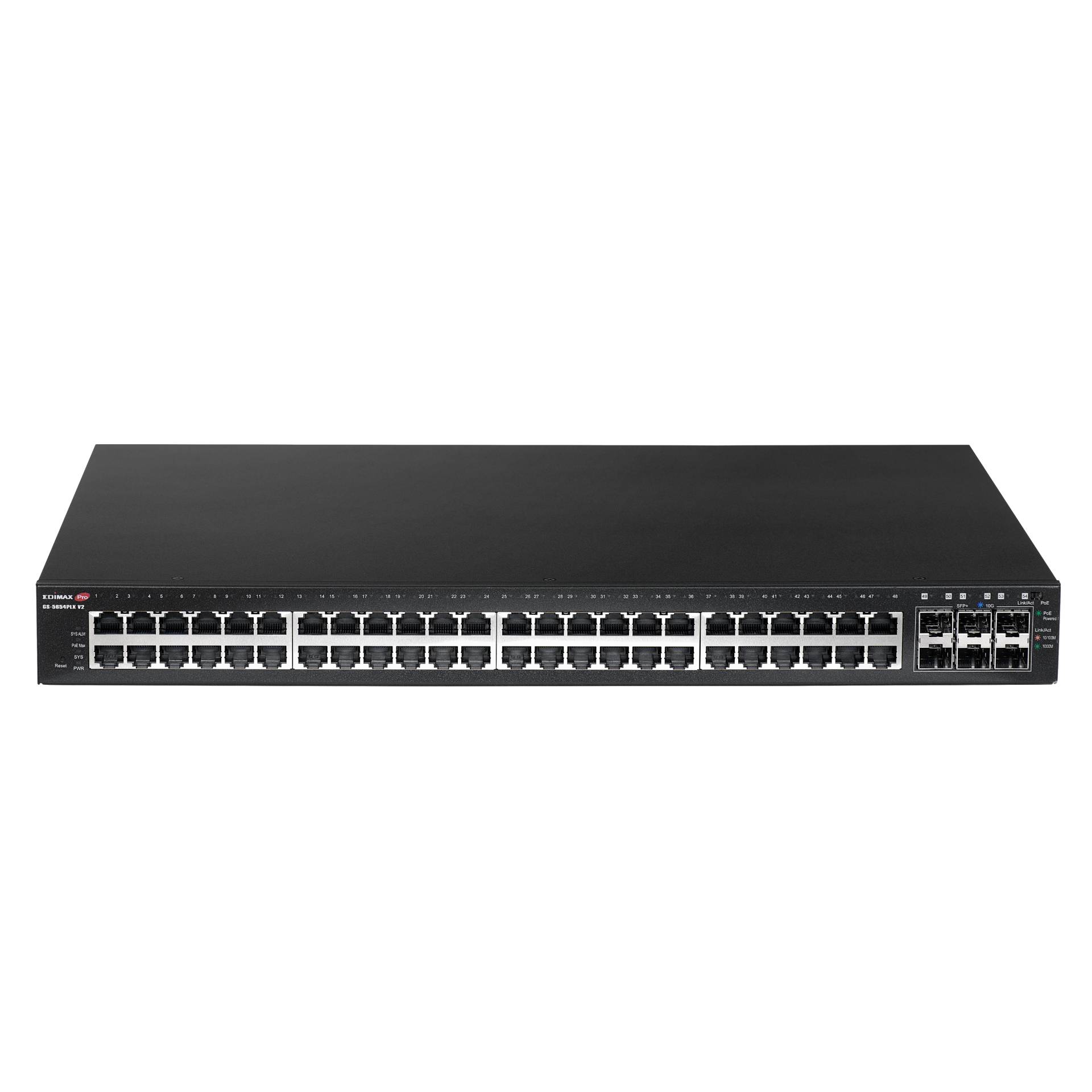 Sieťový prepínač s 48 ethernetovými portami v obdĺžnikovom čiernom kryte. Používa sa na distribúciu dát v rámci počítačovej siete.