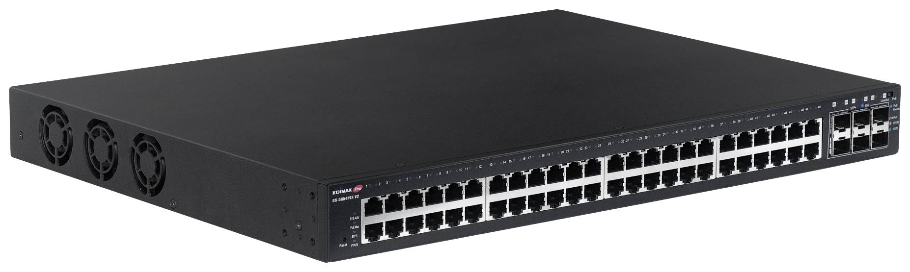 Čierny sieťový switch s viacerými ethernetovými portami na prednej strane.