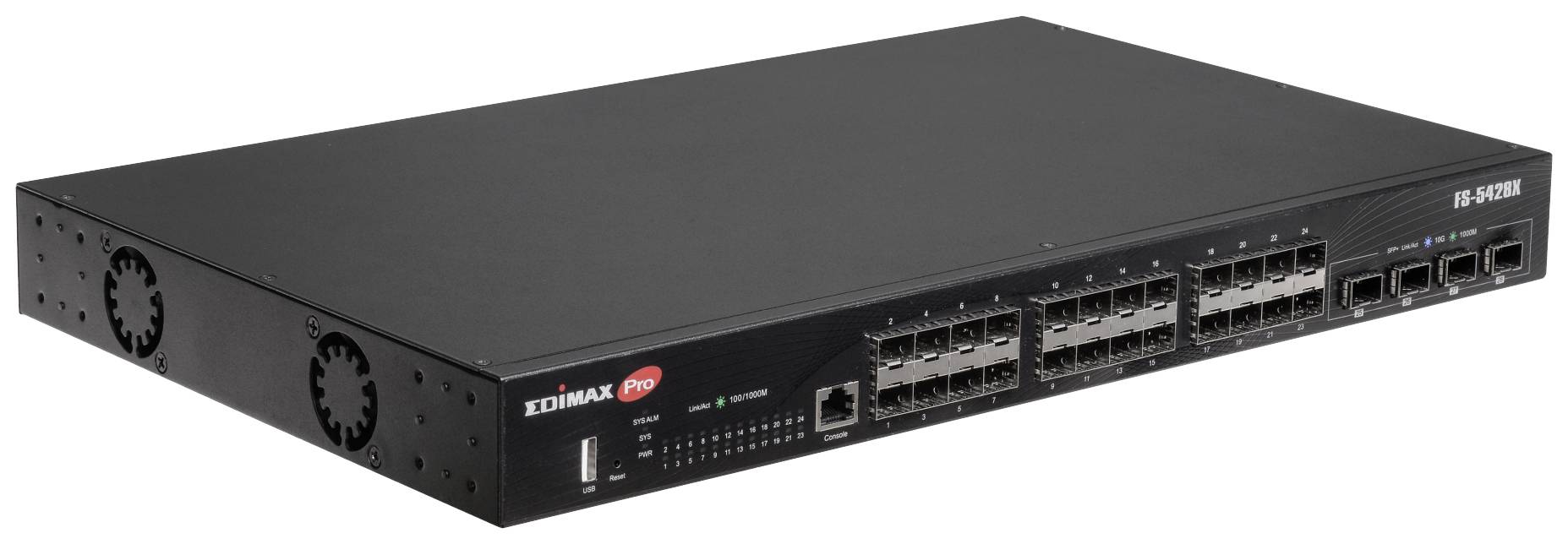 Čierny sieťový switch s viacerými ethernetovými portami a LED indikátormi na prednej strane, vhodný do serverových rackov.