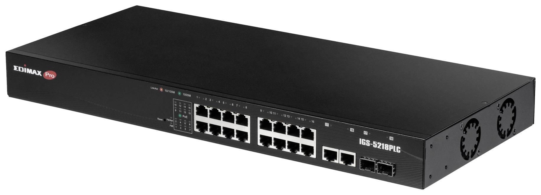 Sieťový prepínač s 24 ethernetovými portami a 4 ďalšími optickými vláknami (glasfázovými) portami. Na zariadení je vyobrazený nápis 'Edimax Pro'.