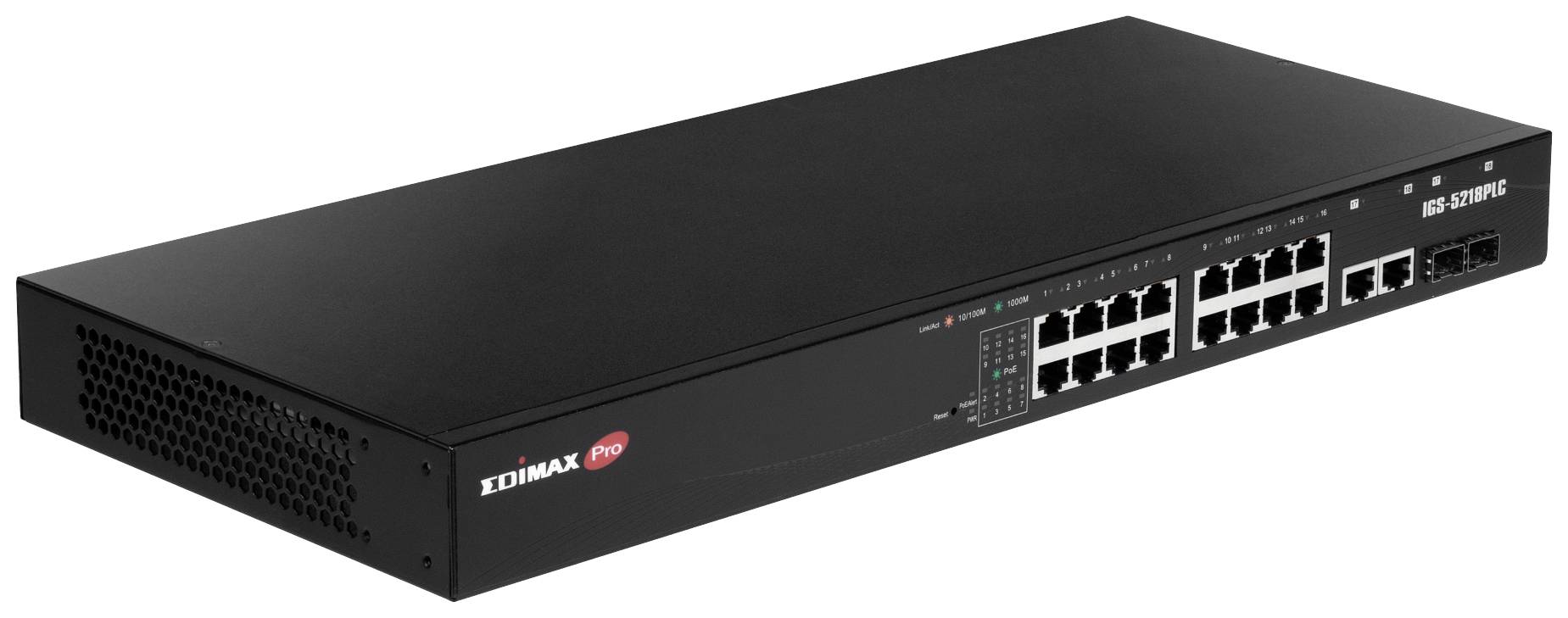Čierny sieťový prepínač s 16 ethernetovými portami a dodatočnými LED indikátormi na prednej strane. Názov modelu 'EDIMAX GS-5424PLC'.