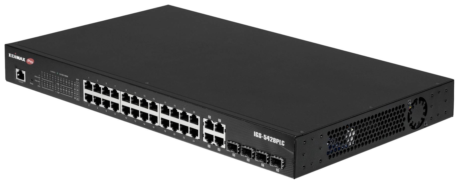 Čierny sieťový switch s viacerými ethernetovými portami na prednej strane a ventilátorom na boku.