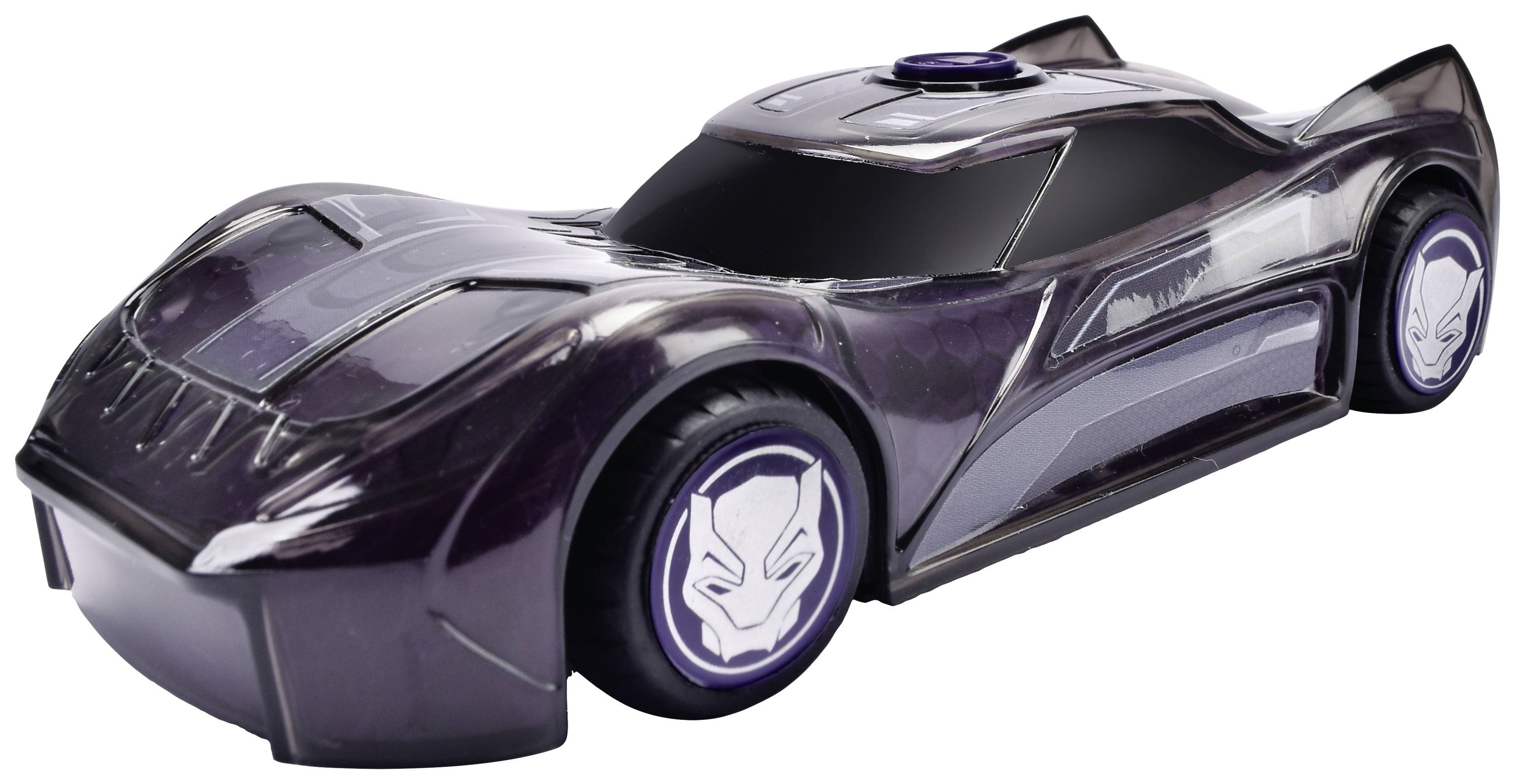 Hračkárske auto s futuristickým dizajnom, lakované na fialovo-čierno, má na kolesách štylizovaný symbol pantera.