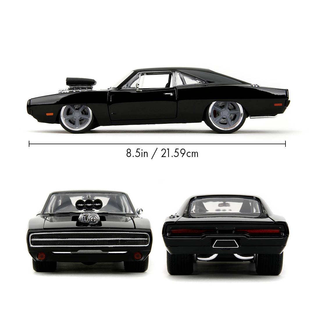 Model auta Dodge Charger R/T z roku 1970 v čiernej farbe, zobrazený z boku, spredu a zozadu. Dĺžka: 21,59 cm.