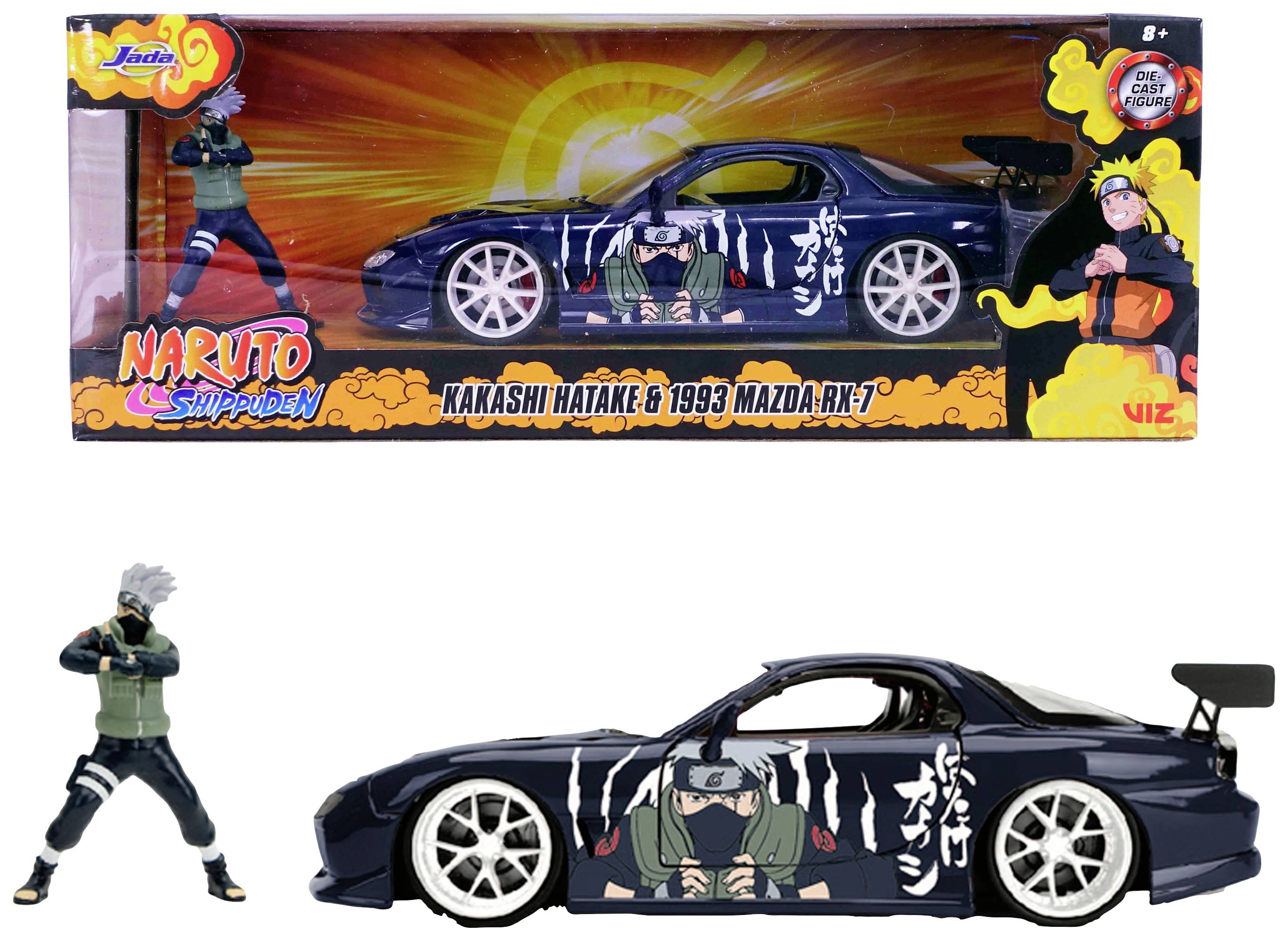 Hračka z 'Naruto Shippuden': Figúrka Kakashiho Hatakeho vedľa modelu auta, označená ako 'Kakashi Hatake & 1993 Mazda RX-7'.