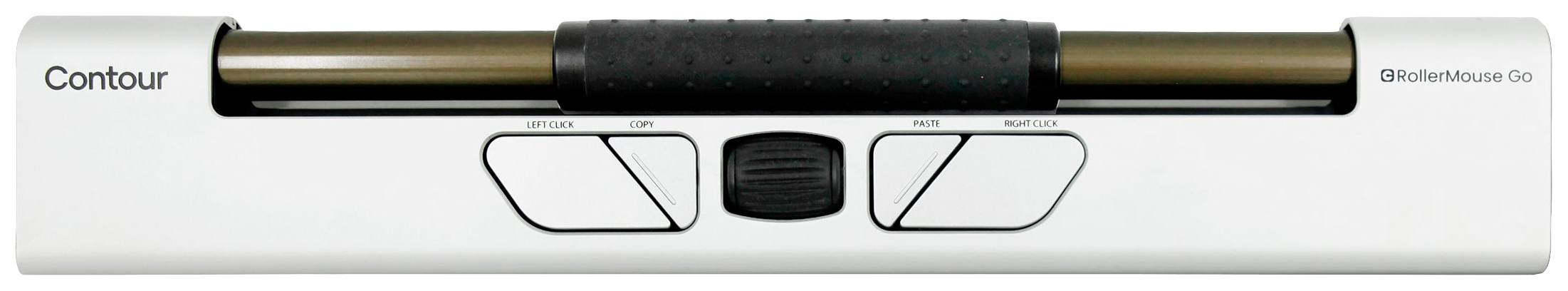 Kontúrová myš RollerMouse Go, ergonomické vstupné zariadenie so stredovou rolovacou lištou a štyrmi tlačidlami, navrhnuté pre pohodlie a presnosť.