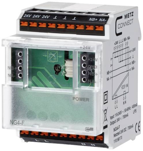 Priemyselný prepínač pre napájacie zdroje, METZ CONNECT, model NG4-F, s 24V prípojkami a diagramom zobrazujúcim možnosti zapojenia.
