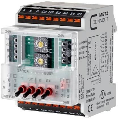 Elektronické zariadenie s viacerými portami a otočnými gombíkmi. Značky pre BUS, ERROR a BUSY. Názov výrobcu 'METZ CONNECT'.