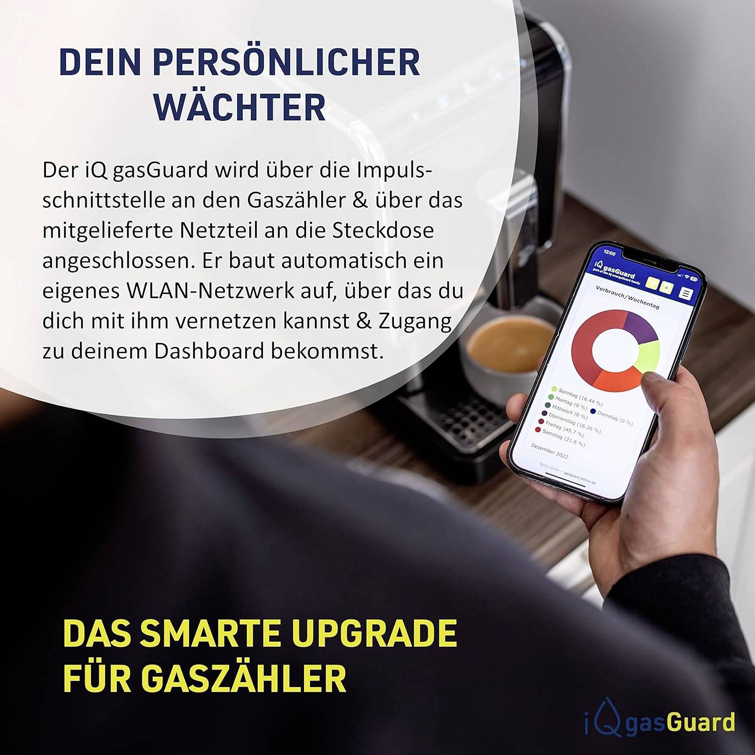 Osoba drží smartfón s iQ gasGuard panelom pred kávovým automatom. Text: 'Tvoj osobný strážca. Inteligentný upgrade pre plynomer.'