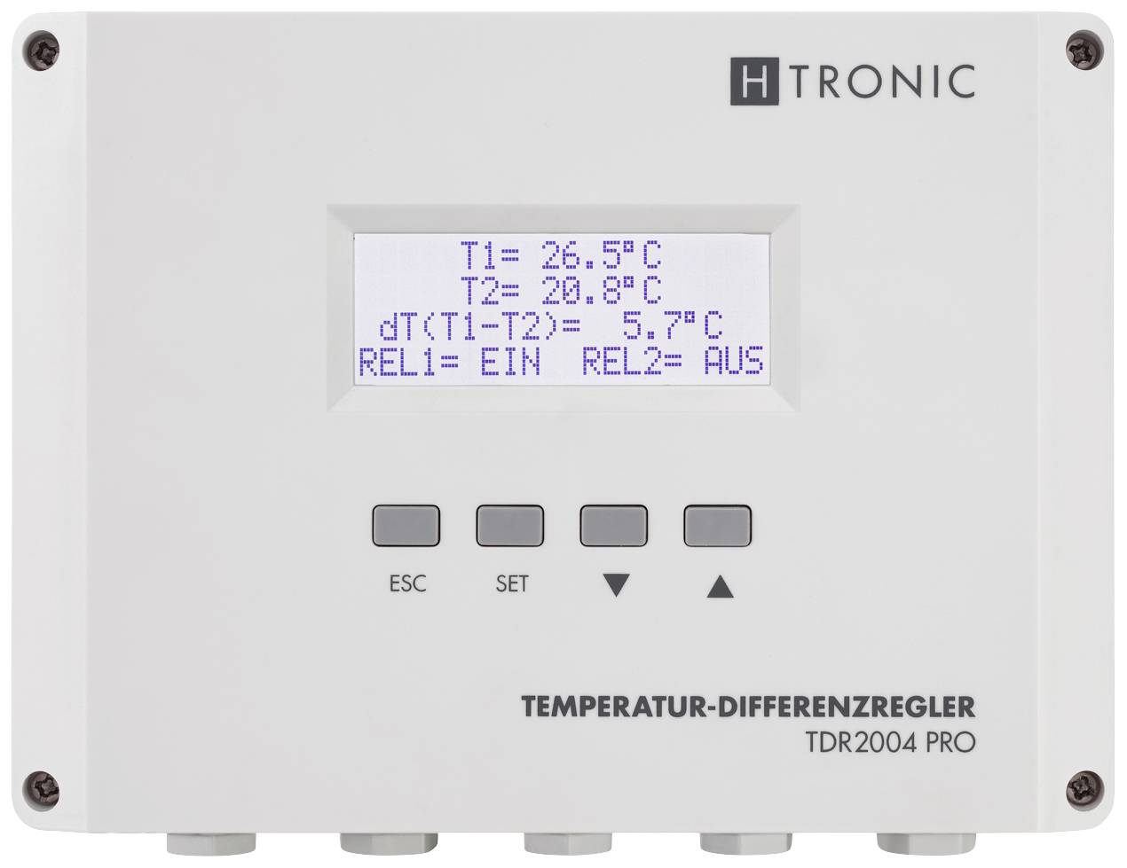 Regulátorový displej s hodnotami teploty: 'T1 = 26,5°C', 'T2 = 20,8°C', 'dT(T1-T2) = 5,7°C'. REL1 je zapnuté, REL2 je vypnuté.