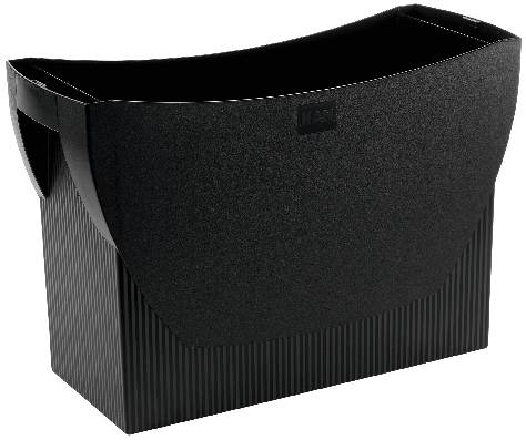 Čierny, obdĺžnikový plastový košík s úložnou rukoväťou, štruktúrovaným dizajnom a úchytmi na oboch stranách.