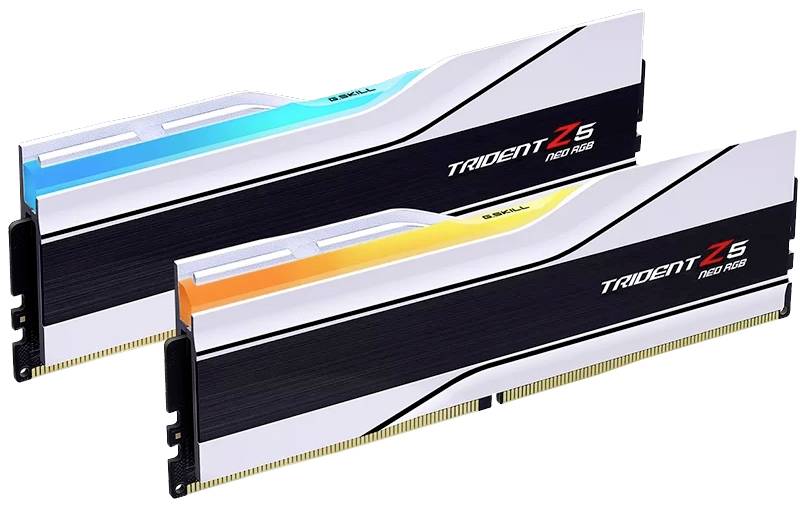 Dva RAM moduly s RGB podsvietením, značky 'Trident Z5 Neo RGB', zobrazené v čiernej a bielej farbe.