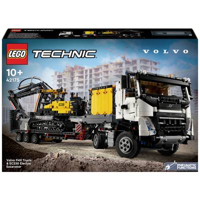 LEGO Technic-Set 42175: Nákladné auto a elektrický pásový bager s realistickou scénou staveniska, vhodné pre deti od 10 rokov.