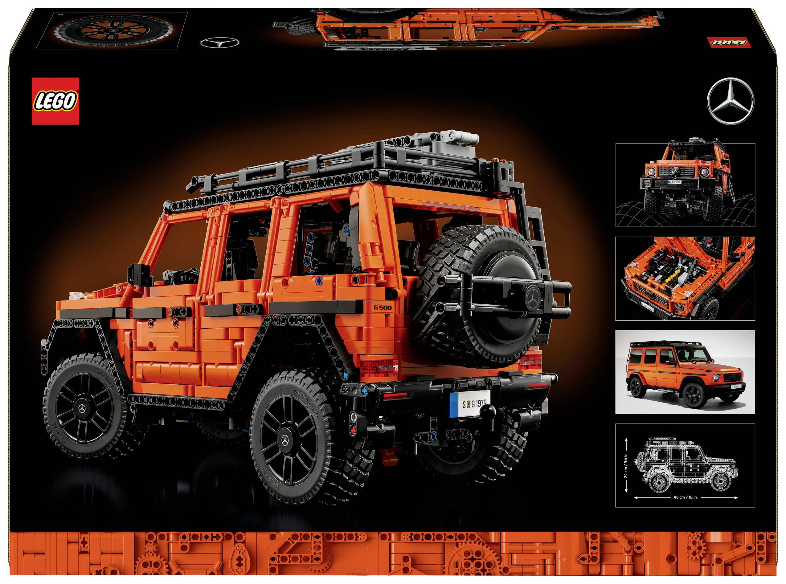 LEGO stavebnica Mercedes terénneho vozidla v oranžovej farbe, s verným dizajnom, zobrazená na obale s logom.
