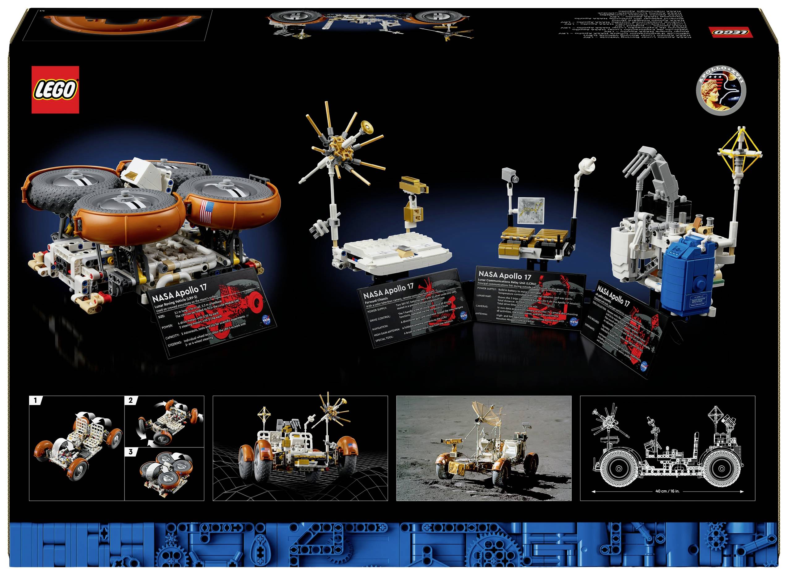 LEGO súprava misie Apollo 11 s modelmi mesačného modulu, roveru a satelitu, vrátane informačných tabuliek a príslušenstva.
