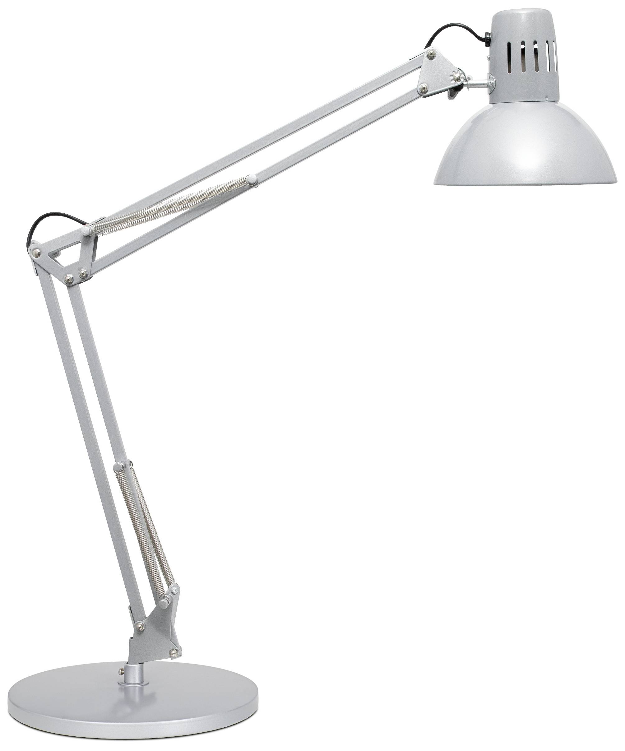 Strieborná stolná lampa s nastaviteľným ramenom a okrúhlym tienidlom, ideálna na zamerané osvetlenie pracovného priestoru.