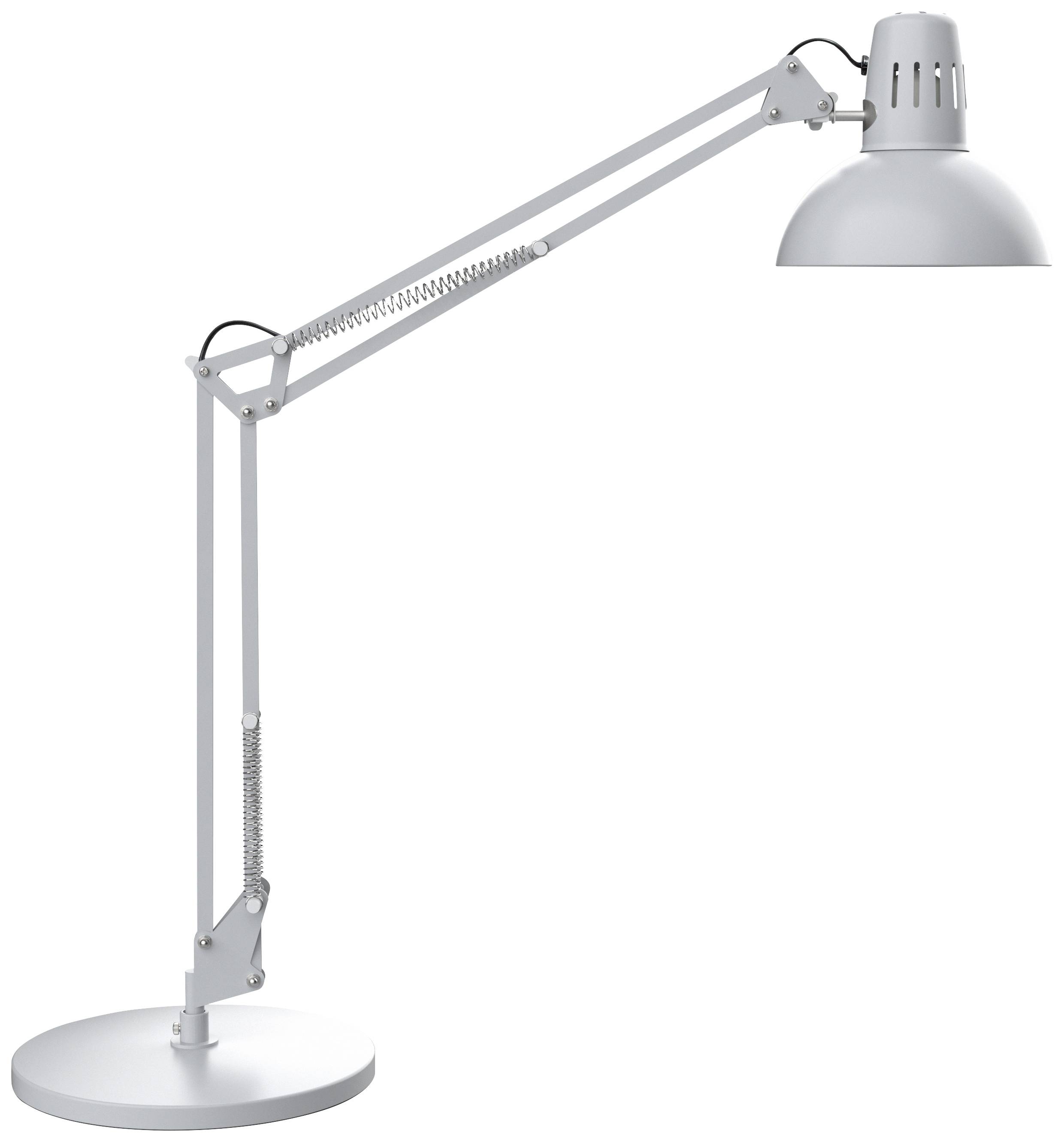 Biela stolová lampa s nastaviteľným ramenom a okrúhlou základňou.