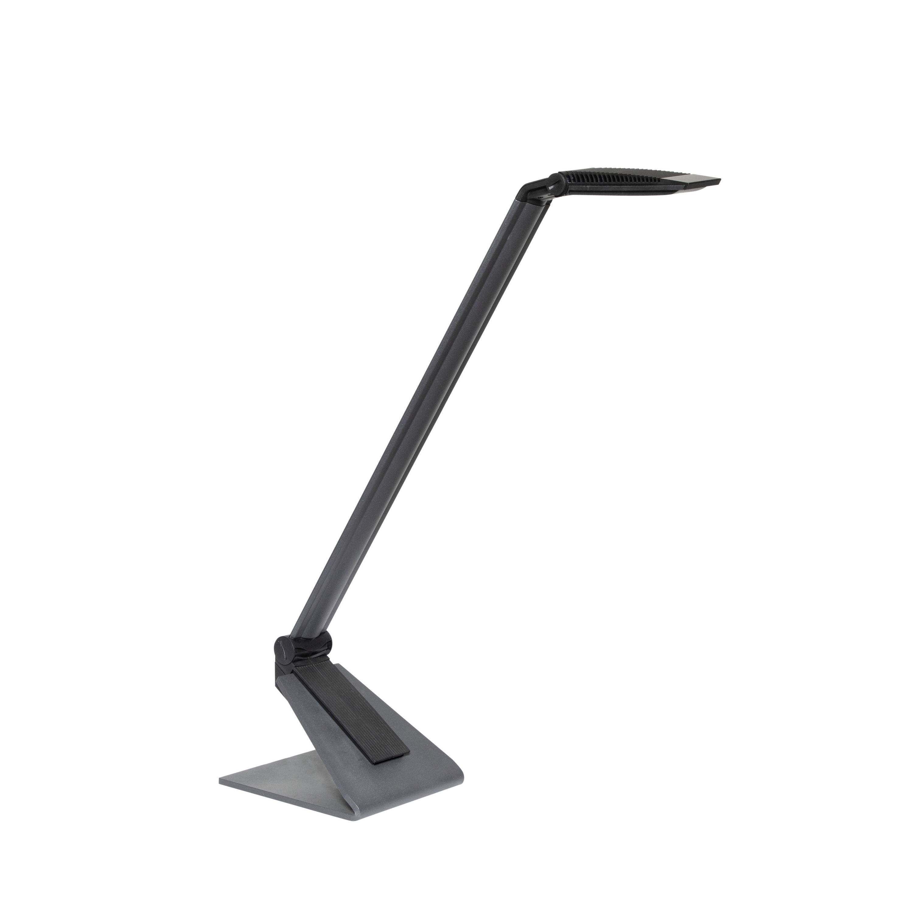 Moderná čierna stolná lampa so štíhlym dizajnom a nastaviteľným ramenom stojí na písacom stole. Ideálna pre pracovné priestory.