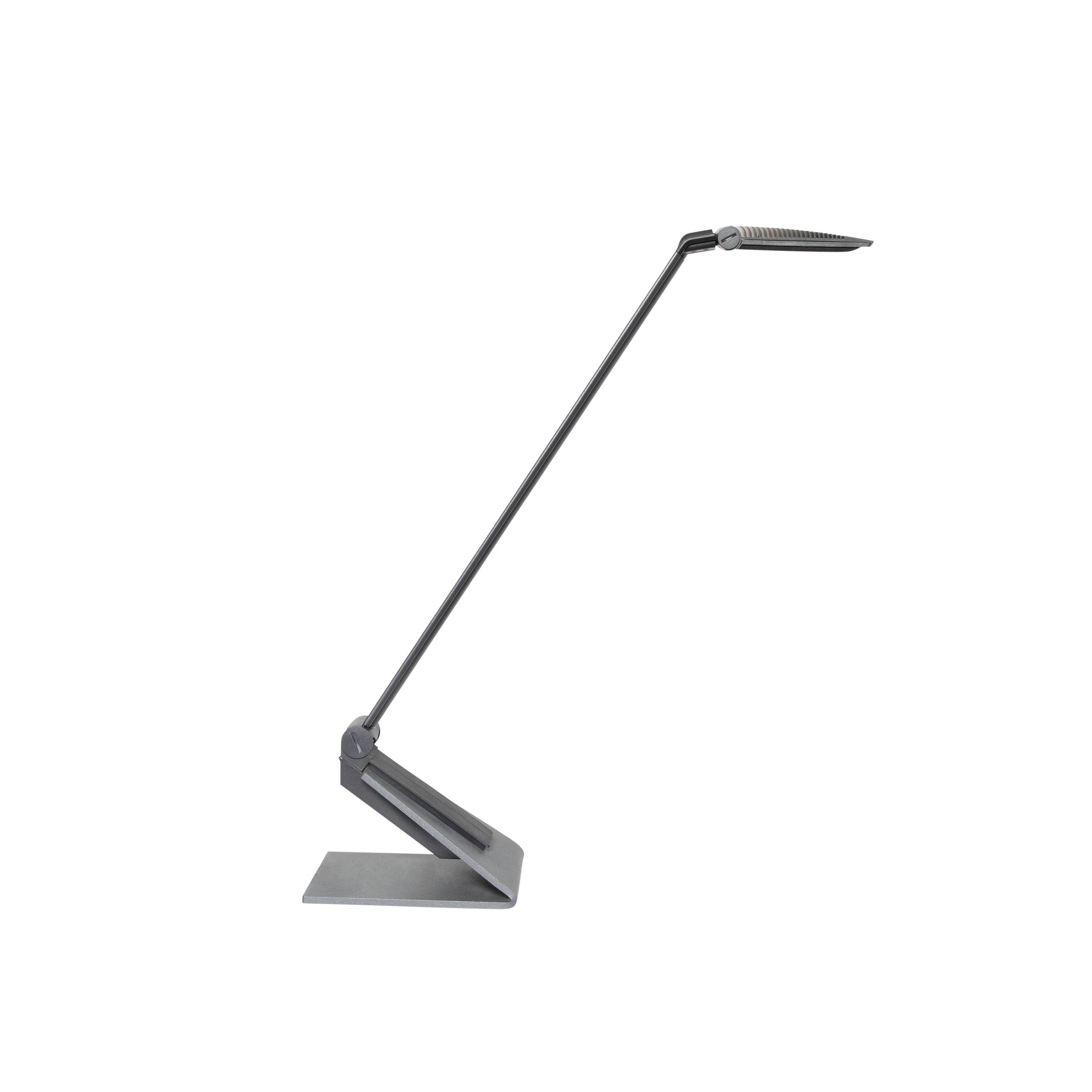 Čierno-sivá, moderná stolná lampa s tenkým ramenom a obdĺžnikovým podstavcom, zobrazená z bočnej strany.