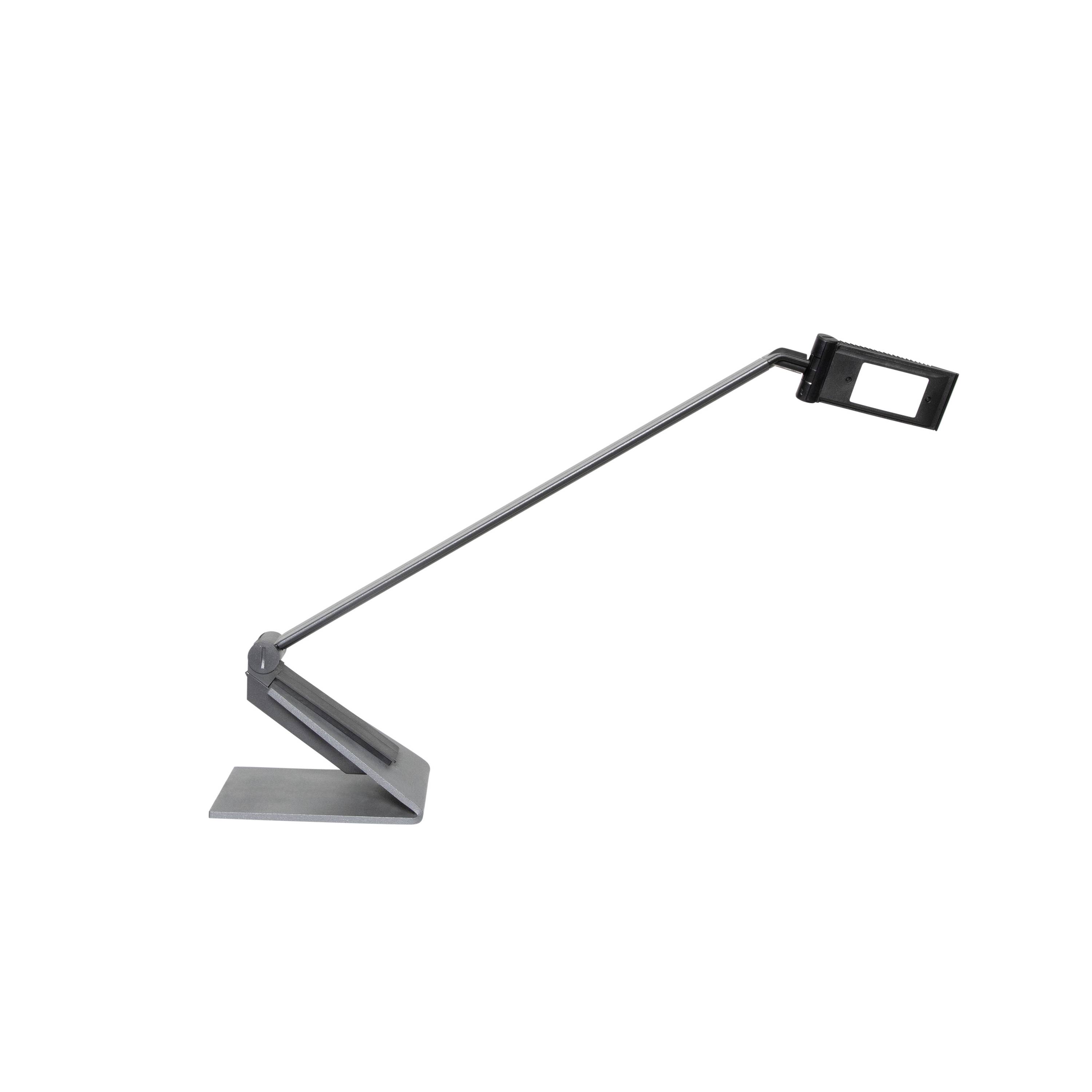 Sivá stolná lampa s moderným, minimalistickým dizajnom. Hlava lampy je obdĺžniková a naklápateľná, ideálna pre presmerované svetlo.