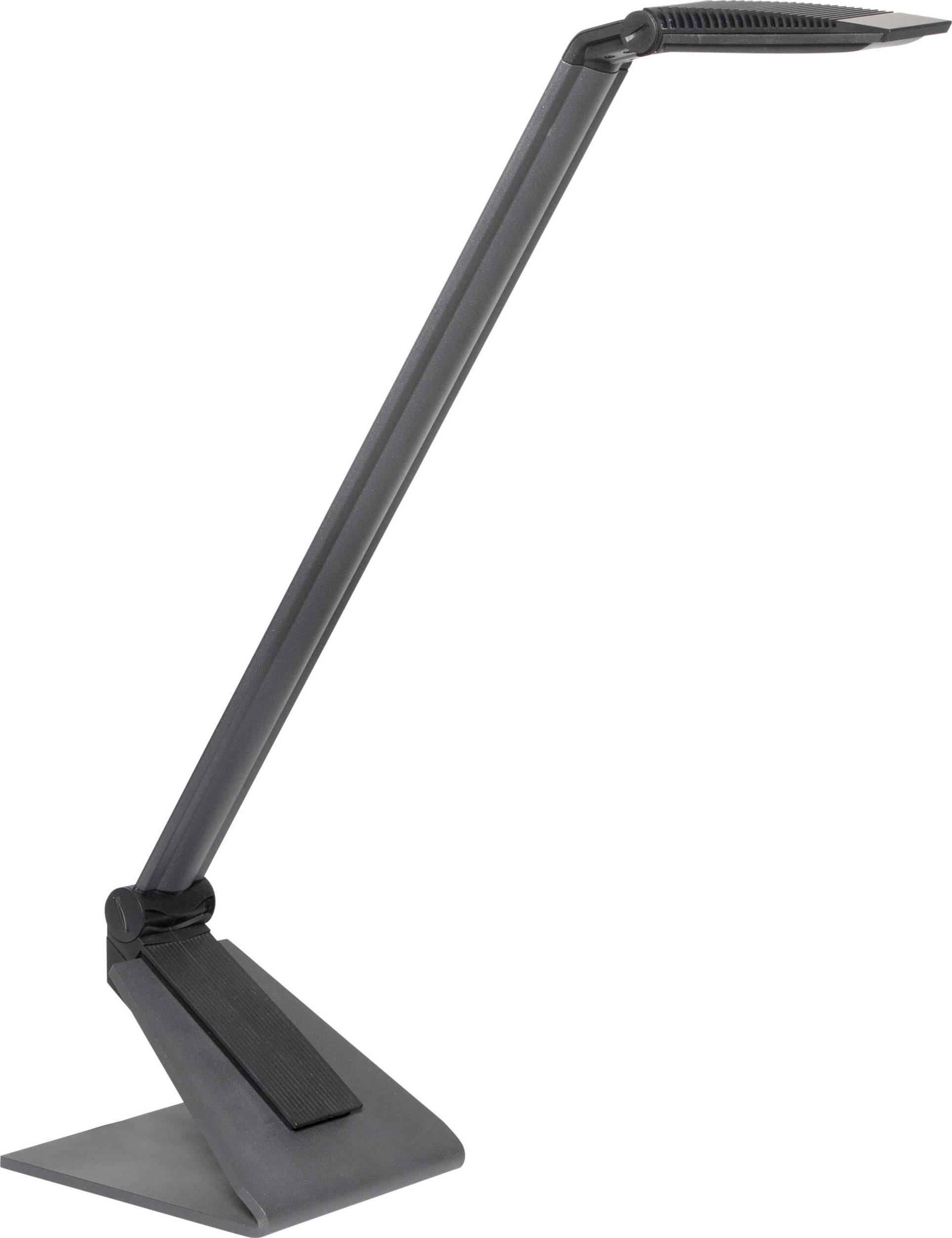 Moderná, čierna stolná lampa s elegantným, nastaviteľným ramenom a obdĺžnikovým podstavcom, ideálna pre pracovné priestory.